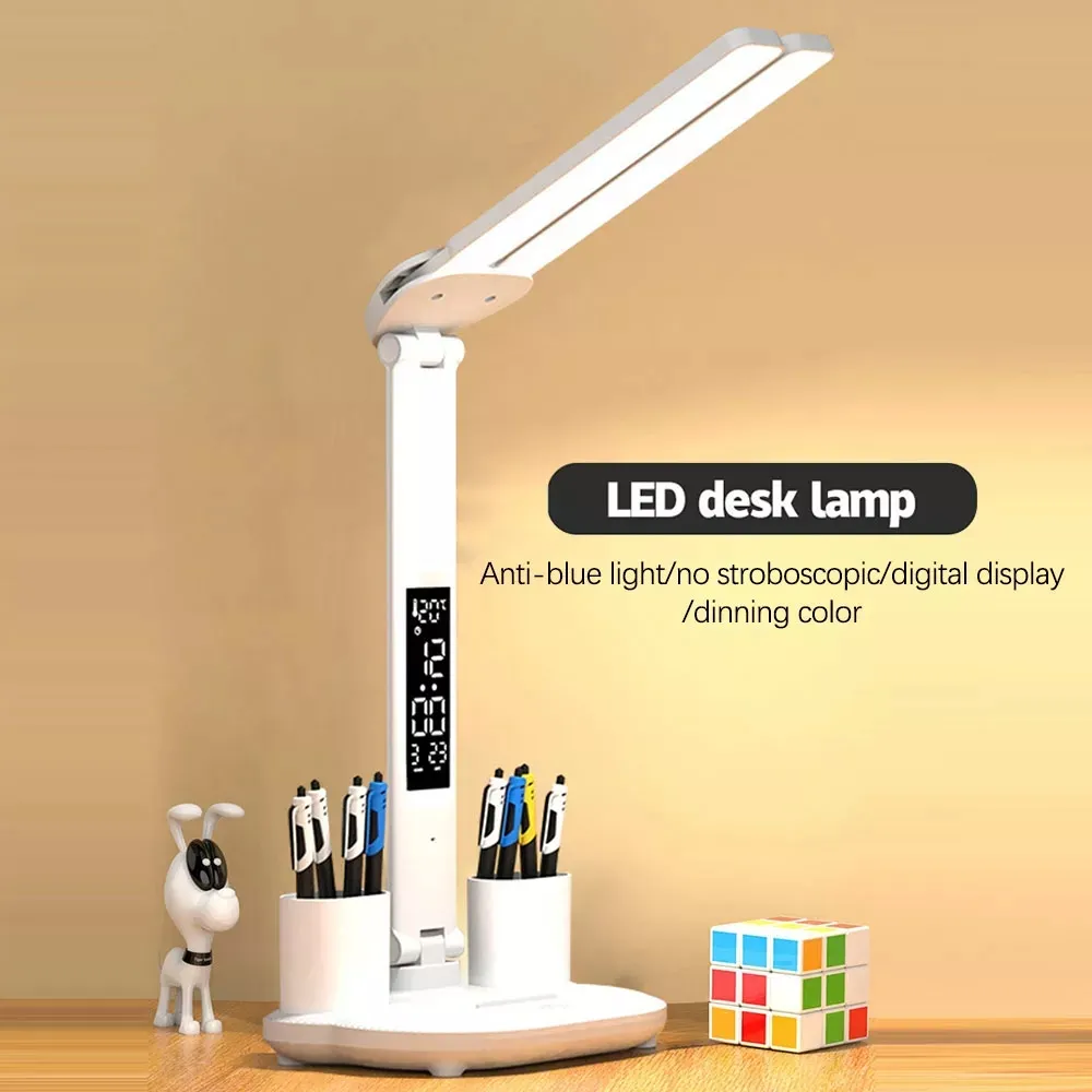 USB LED çalışma okuma lambası çok fonksiyonlu masa lambası ile takvim tarihi dokunmatik gece lambası kalemlik yatak odası için masa lambası