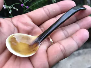 Bol en corne de buffle naturelle polie, fait main, avec cuillère assortie, vaisselle ethnique tribale, écologique, prix de gros - Product Image 5