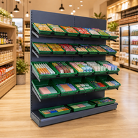 Zware-duty fruit- en groentepresentatie rek met groene bakken + antracietkleurig frame, 5-laags schuin draadrek, zwaartekracht-aangedreven, vrijstaand, voor supermarkten