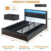 Eisenbett im Postmodernen Stil, Langlebiges Queensize-Bett mit 2-stufigem Stauraum-Kopfteil, 6 Stoffschubladen, Umweltfreundliches PU-Leder-Polsterbett