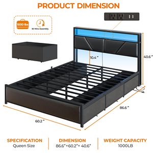 <span class=keywords><strong>Letto</strong></span> matrimoniale postmoderno in <span class=keywords><strong>ferro</strong></span> resistente con <span class=keywords><strong>testiera</strong></span> a 2 livelli e 6 cassetti in tessuto, piattaforma imbottita in ecopelle PU - Product Image 3
