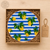 Set de table rond en perles de verre blanches imprimées sur mesure, motif rayures bleues et citron, pour la restauration en gros