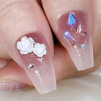 24 Uñas Postizas de ABS Color Rosa Morado con Flores Brillantes, Uñas Artificiales Medianas Estilo Bailarina
