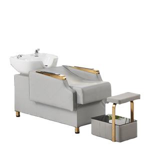 Fauteuil de lavage moderne pour salon de coiffure, unité de lavage à dossier inclinable, station de lavage des cheveux rembourrée avec structure métallique pour studio de beauté - Product Image 2