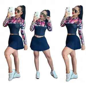 Hot selling Summer Hooded Long Sleeve Short Skirt neon Set with high quality designer womens clothing