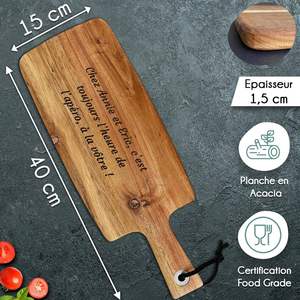<span class=keywords><strong>Planche</strong></span> à apéritif personnalisable en bois d'acacia, texte gravé, 4 motifs, passe au lave-vaisselle, épaisseur 1,5 cm, logo personnalisé, taille sur mesure - Product Image 4