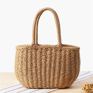 Cotton Drawstring Straw Bag Raffia Fringed Beach Bohemian Knitted Purse Macrame Clutch Simple Style Paper Hangbag