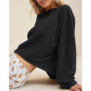 T-shirt oversize à manches longues et col rond pour femme, couleur unie, épaules tombantes, style décontracté, sportif, Y2K, Printemps-Été 2026 - Product Image 4