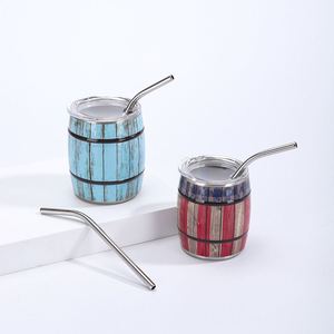 Wood-grain Wood Barrel-shaped Beer Cup Made of Stainless Steel with a Straw Coffee Mug - Product Image 6