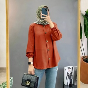 Cárdigan Retro para mujer, camisa holgada, estilo informal, musulmán, seda helada, cuello arrugado, Tops de inmersión sin planchar, tela - Product Image 4