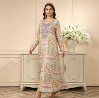 Robe longue ample vintage en polyester à col en V, imprimé floral patchwork, broderie décorative, manches longues, anti-plis, pour femmes adultes