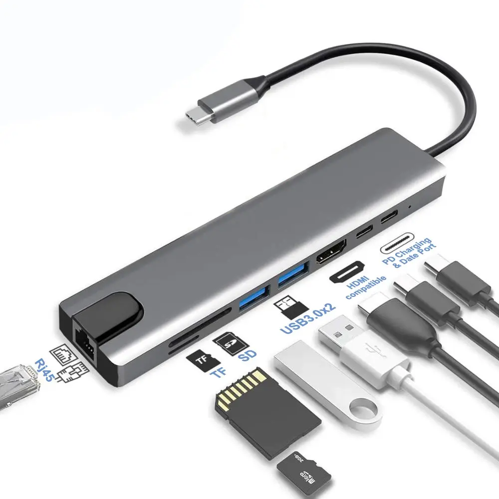 8 في 1 USB 3.0 محور لجهاز الكمبيوتر المحمول محول PD شحن 8 منافذ محطة رصيف RJ45 HDMI متوافق TF / SD بطاقة ماك بوك الفئة-C الفاصل