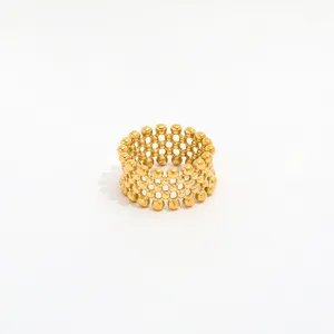 Fenny 18K Gold Plated Wholesale Waterproof Wide Hollow Small Bead Matrix Pave Stainless Steel Finger Ring Trendy for Women
