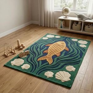 Tapis en laine coloré motif poissons Koi avec éléments coquillages ivoire et surface tuftée à la main pour salon, chambre, chambre d'enfant et espace enfant - Product Image 1