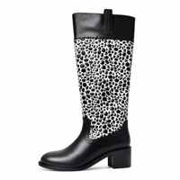 Bottes tendance en cuir véritable noir et blanc à imprimé géométrique, patchwork, hauteur genou, avec fermeture éclair latérale et talon épais confortable