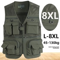 Gilet de randonnée et de pêche pour homme, fin, respirant, à séchage rapide, en maille, avec fermeture éclair, multi-poches, col en V, uni, sans repassage, idéal printemps-été, grandes tailles