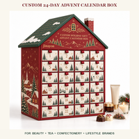 Calendrier de l'Avent personnalisé 24 jours Snowridge Village Gable House, boîte cadeau en carton rigide recyclable, pelliculage mat, dorure à chaud