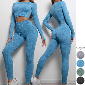 Europe et États-Unis Costume de yoga sans couture Femmes <span class=keywords><strong>Blazer</strong></span> à manches longues Taille haute Mouvement de la hanche Leggings Pantalon long - Product Image 1
