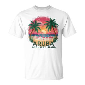 Camiseta Premium Promocional de Aruba's One Happy Island con Hermosa Vista de la Playa al Atardecer y Flamencos - Product Image 1