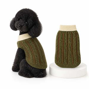 Knit Striped <b>Dog</b> Vest Olive Green with Cream Trim Classic Winter Pet <b>Clothes</b> for <b>Dogs</b> - Product Image 1