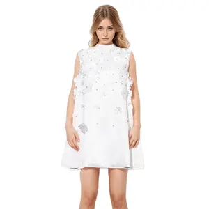 TWOTWINSTYLE Elegant White Summer Dress Summer Patchwork Appliques Solid Loose Stand Collar Sleeveless Dress For Women