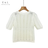 Pull en maille respirant à manches courtes pour femmes E&L OEM&ODM, design estival doux avec nœud et trous, méthode de tissage fine, style régulier