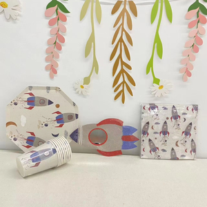 DAMAI Rocket Themed Party <b>Tableware</b> Set Kids Birthdays <b>Disposable</b> Plate Paper Cups Napkins for 8 Guests - Product Image 1