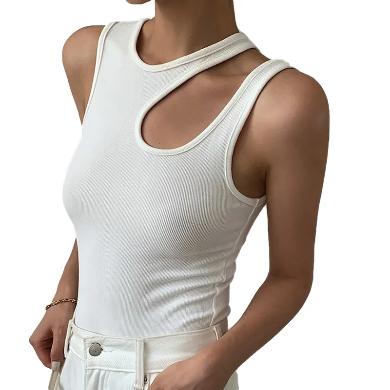 TWOTWINSTYLE Round Neck Off Shoulder Sleeveless Slim Casual White Cut Out T Shirts Female