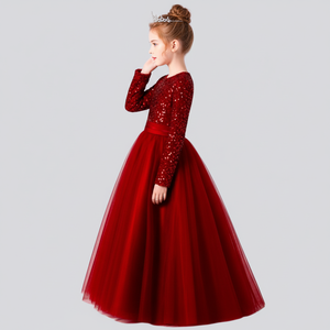 Robe de princesse en tulle doux brodée de velours rouge et de paillettes pour filles, robe de soirée pour enfants - Product Image 4