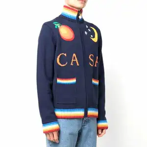 Maglione da uomo 100% cotone biologico Jacquard Full Zip Cardigan con Logo intarsio lavorato a maglia con tasche