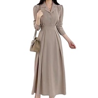 Nouvelle mode femmes longues robes revers chemise col robe à manches longues français élégant couleur unie bureau dame robe décontractée