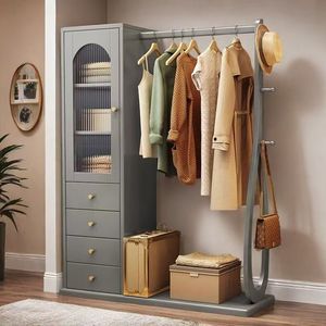 Perchero de madera maciza con cajones de almacenamiento y barra para colgar ropa, para organizar la ropa del dormitorio, acabado en nogal - Product Image 4