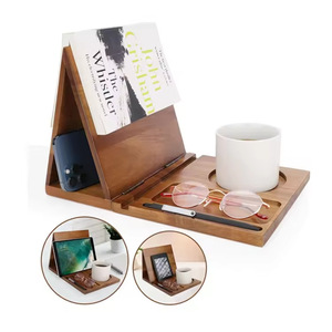 Acacia Wood Book Stand With Coffee Cup Holder And Glasses Pen Storage For Home Office <b>Desktop</b> Organizer - Product Image 5