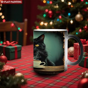 Frosted Black <b>Ceramic</b> Mug 11oz Heat Activated Coffee <b>Cup</b> With Cat Art Design - Product Image 2