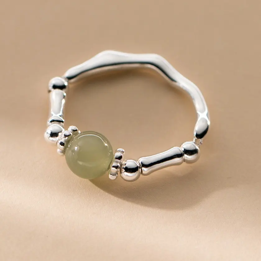 RC1501 S925 Plata de ley y Hetian Jade Bamboo Joint Wave Ring Diseño fresco para accesorios de mujer