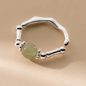 RC1501 S925 Sterling Silver And Hetian Jade Bamboo Joint Wave Ring Fresh Design For Women'S Accessories