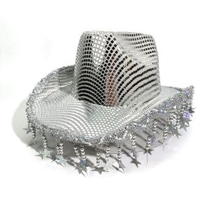 New Hot Silver Mirror Sequin Cowboy <strong>Hat</strong> with Star Tassel Fringe for Outdoor Sports Business Casual Use Unisex - Product Image 2