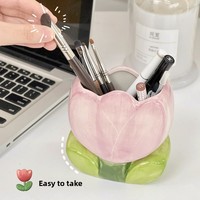 Porte-stylo en céramique en forme de tulipe, boîte de rangement de bureau mignonne pour filles, organisateur de papeterie, motif de tulipe, ornement de bureau, pot de rangement