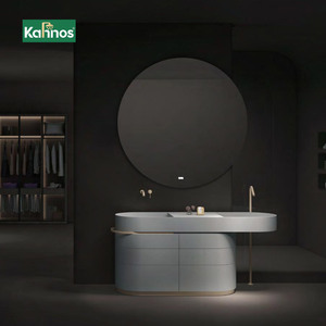 Luxury Modern <b>Light</b> Grey Hotel Bathroom Vanities with Anti Fog Smart <b>Led</b> Mirror Soft Close Drawer Gold Accent Vanity Cabinet - Product Image 1