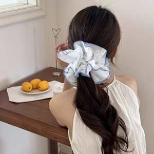 Coleteros elásticos azules a cuadros para mujer, accesorios de goma para el pelo, coleteros para cola de caballo, lazos de encaje grandes, anillos para el pelo - Product Image 2