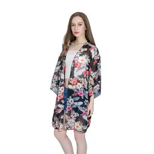 Vestido kimono feminino de praia, casual, estampa floral, roupa boêmia curta, moda praia, feminino, kimono, casaco aberto, capa para biquini 2021