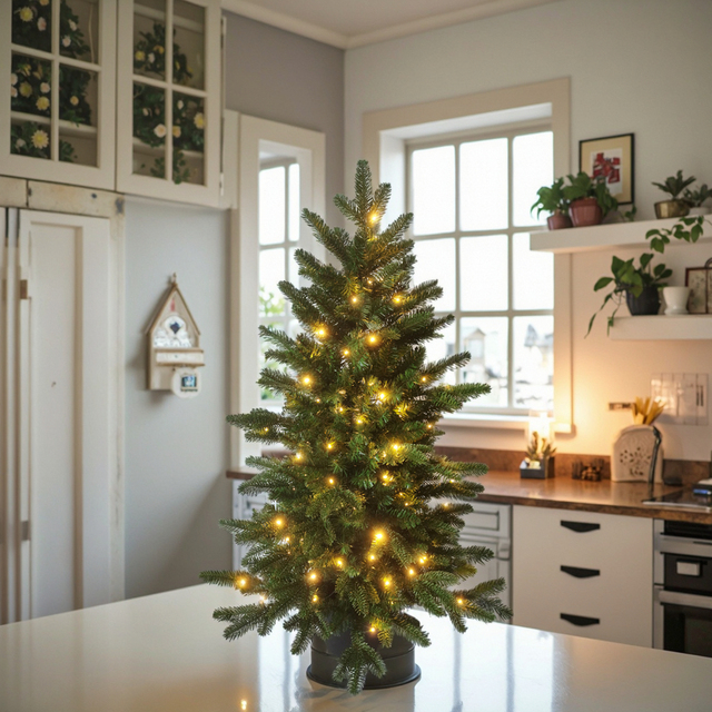 Festive Holiday Mini Pre-Lit Artificial Tabletop Christmas Tree with Customized LED Lights for Home and Office Decoration