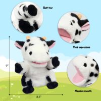 Marionnette de main en peluche douce de 9 pouces en forme de vache avec bouche mobile, ornement délicat pour les espaces pour animaux de compagnie et les zones intérieures