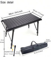 Table pliante en aluminium Orangegaz pour le camping en plein air, avec plateau en aluminium, grain de bois noir, portable, réglable en hauteur, pour pique-nique
