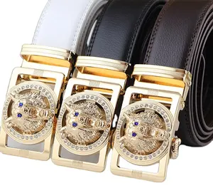 3.5cm width zinc alloy easy clip removable 3D wolf head automatic automatic buckle small litchi grain real leather belt
