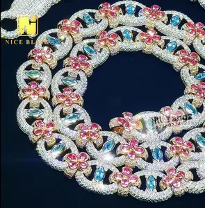 Nice Bling การออกแบบพิเศษที่กําหนดเอง 925 ดอกไม้เงินเครื่องประดับตาปีศาจโซ่คิวบาสีลูกบาศก์เซอร์โคเนียสร้อยคอสร้อยข้อมือหิน - Product Image 1