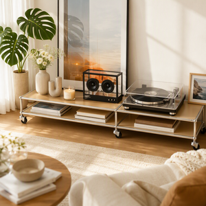 Mobile <span class=keywords><strong>TV</strong></span> Modulare Blu <span class=keywords><strong>in</strong></span> Metallo con Ruote, Supporto Multimediale Basso con Telaio Cromato, Tavolo Porta Giradischi per Soggiorno, Acciaio, Dimensioni e Colore Personalizzabili - Product Image 3