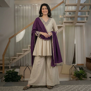 Ensemble Kurti et Palazzo en soie romaine brodée pour femme, séchage rapide, avec dupatta violet, tenue ethnique indienne et pakistanaise - Product Image 1