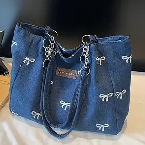 Bolso tote de lona azul lavable de gran capacidad, muy vendido, para mujer - Product Image 1