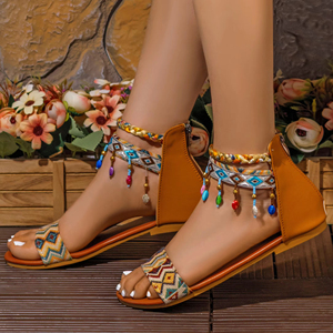 Sandalias Romanas Étnicas Bohemias Nuevas para Mujer, Hechas a Mano con Cuentas, Cierre de Cremallera Trasera, Suela Plana Cómoda, Ligeras, Casuales de Verano para la Playa - Product Image 4